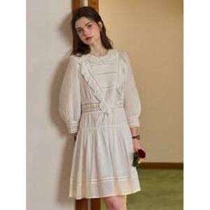 Simple Retro White Ruffle Lace Midi Dress Womens Size L